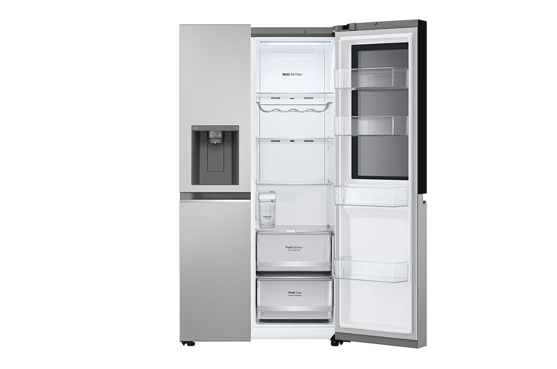 LG InstaView™ Side-by-Side хладилник, DoorCooling+™ и ThinQ™ технология, 635L капацитет, Отворена лява врата без изглед към храната, GSGV81PYLL, thumbnail 13