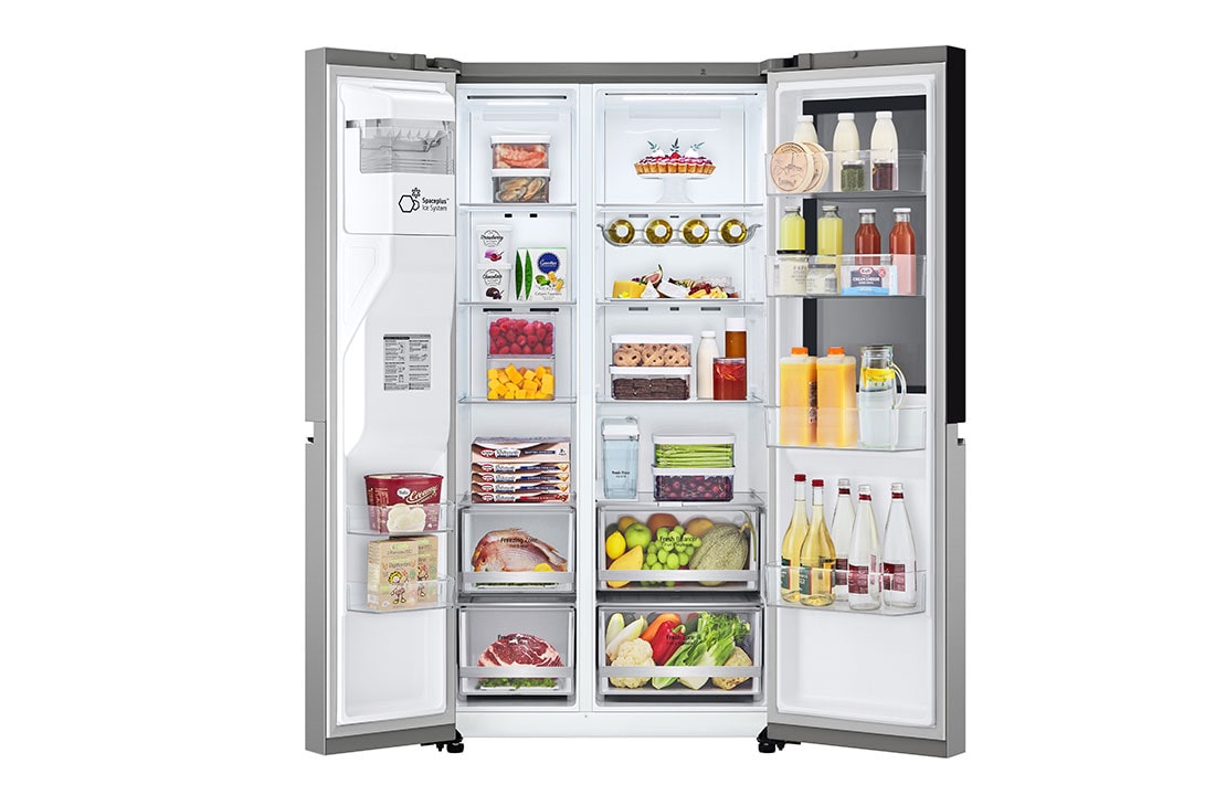 LG InstaView™ Side-by-Side хладилник, DoorCooling+™ и ThinQ™ технология, 635L капацитет, Предна горна врата, отворена с изглед към храната, GSGV81PYLL, thumbnail 3