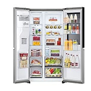 LG InstaView™ Side-by-Side хладилник, DoorCooling+™ и ThinQ™ технология, 635L капацитет, Предна горна врата, отворена с изглед към храната, GSGV81PYLL, thumbnail 3