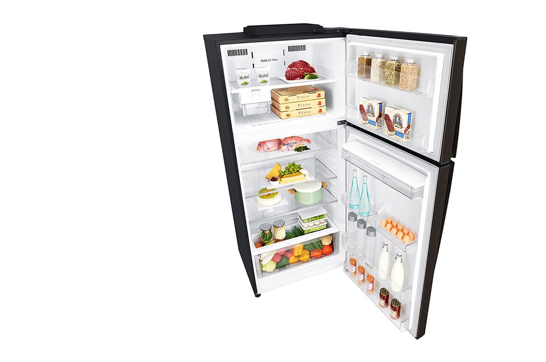 LG Хладилник c горна камера, DoorCooling+™ и ThinQ™ технология, 509L капацитет, Отворена лява врата с изглед към храната, GTF744BLPED, thumbnail 11
