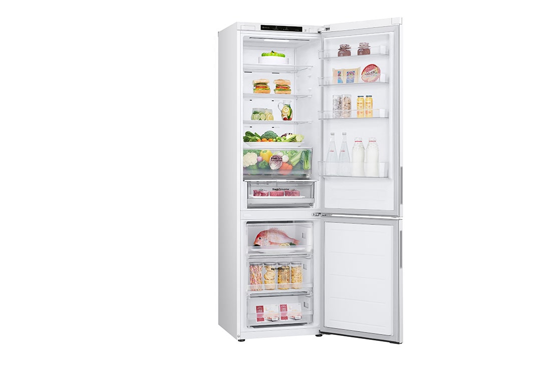 LG Хладилник c долна камера, DoorCooling⁺™ технология, 387L капацитет, Отворена лява врата с изглед към храната, GBV22NCCSW, thumbnail 12