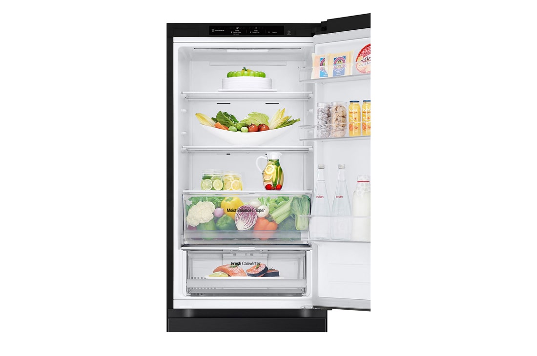 LG Хладилник c долна камера, Fresh Converter и ThinQ™ технология, 344L капацитет, Предна горна врата, отворена с изглед към храната, GBV3100AEP, thumbnail 9