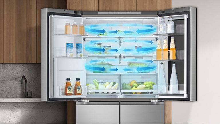 Свежият въздух от Multi Air Flow циркулира в цялата хладилна част на хладилника LG Multi-door.