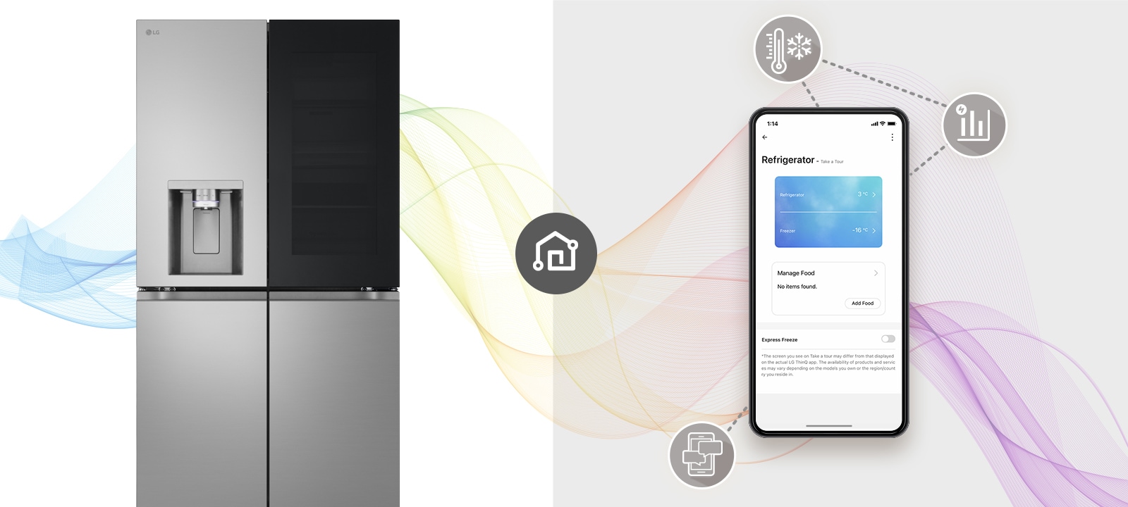 Хладилник LG InstaView Multi-door и мобилен телефон, на който се показва приложението LG ThinQ™.