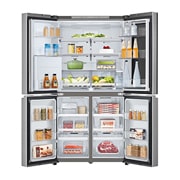 LG InstaView™ Multi-Door хладилник, DoorCooling+™ и ThinQ™ технология, 646L капацитет, Отворена предна врата с изглед към храната, GMK961PY5E, thumbnail 2