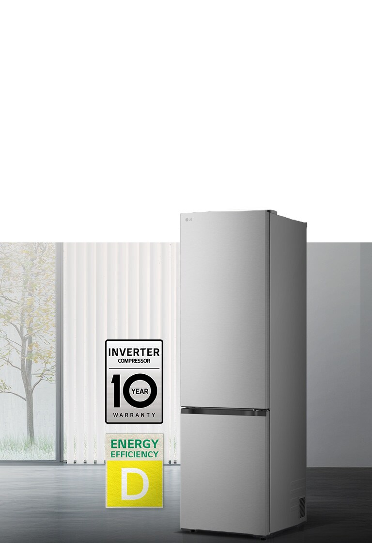 LG хладилник с матово черно предно стъкло в светла стая с вертикални щори, с 10-годишна гаранция за компресора и икони за енергийна ефективност А отдолу