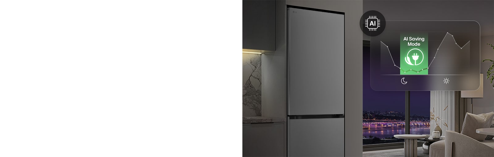 LG фризер в долната част на жилищното пространство с нощен изглед на града, насложен с графика на AI режим на пестене и променяща се енергийна диаграма.
