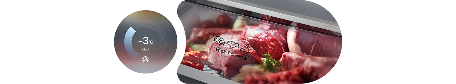 Графика на LG с фризер отдолу с кръгова диаграма, показваща -3 °C вляво и прясно месо, съхранявано в кутия Fresh Converter вдясно