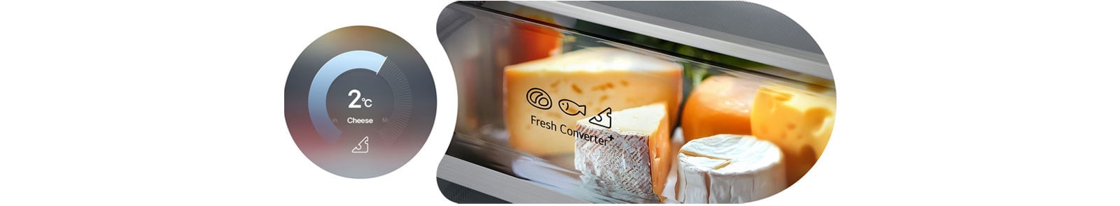 Графика на LG с фризер отдолу с кръгова диаграма, показваща 2 °C вляво и прясно сирене, съхранявано в кутия Fresh Converter вдясно