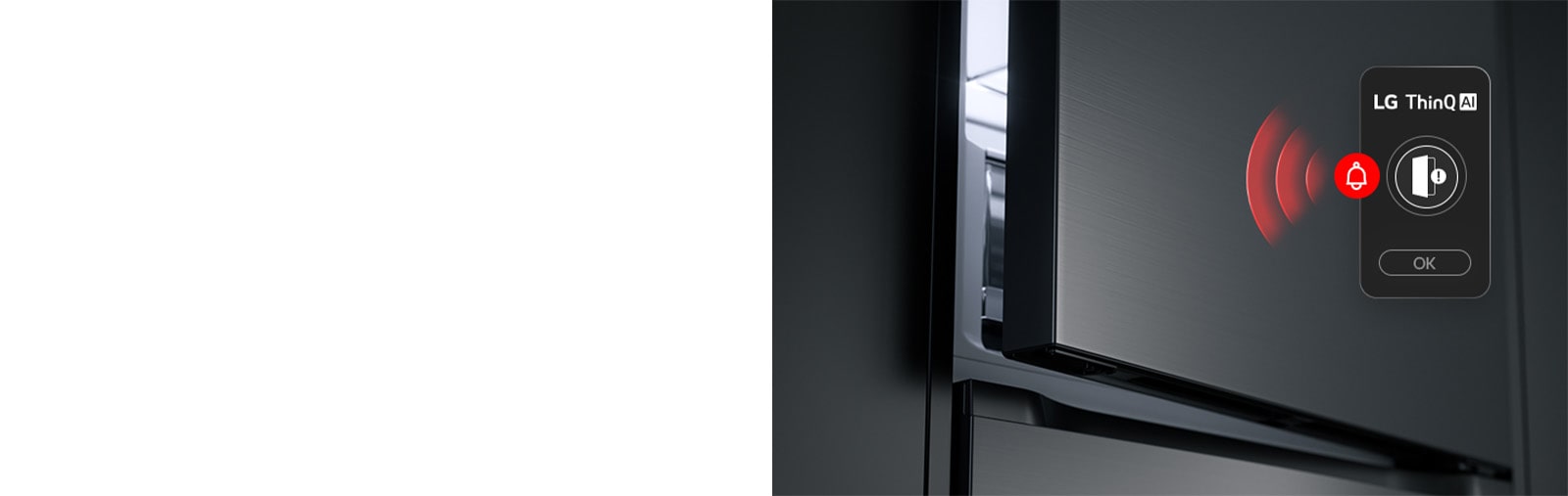 LG хладилник с долна камера, леко отворена врата, с червена вълнова графика, показваща икона за отворена врата заедно с икона за предупреждение.