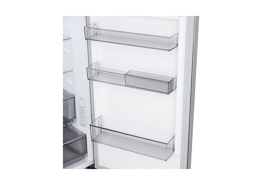 LG Хладилник c долна камера, DoorCooling+™ и ThinQ™ технология, 333L капацитет, Отворена лява врата с изглед към храната, GBBS514CPY, thumbnail 11
