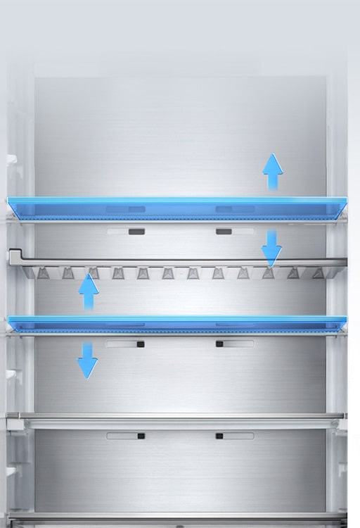 Вътрешен изглед на хладилника LG с пет рафта и регулируеми нива на височина, показани със сини стрелки, обозначаващи вертикалното движение