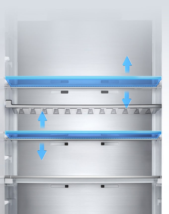 Вътрешен изглед на хладилника LG с пет рафта и регулируеми нива на височина, показани със сини стрелки, обозначаващи вертикалното движение