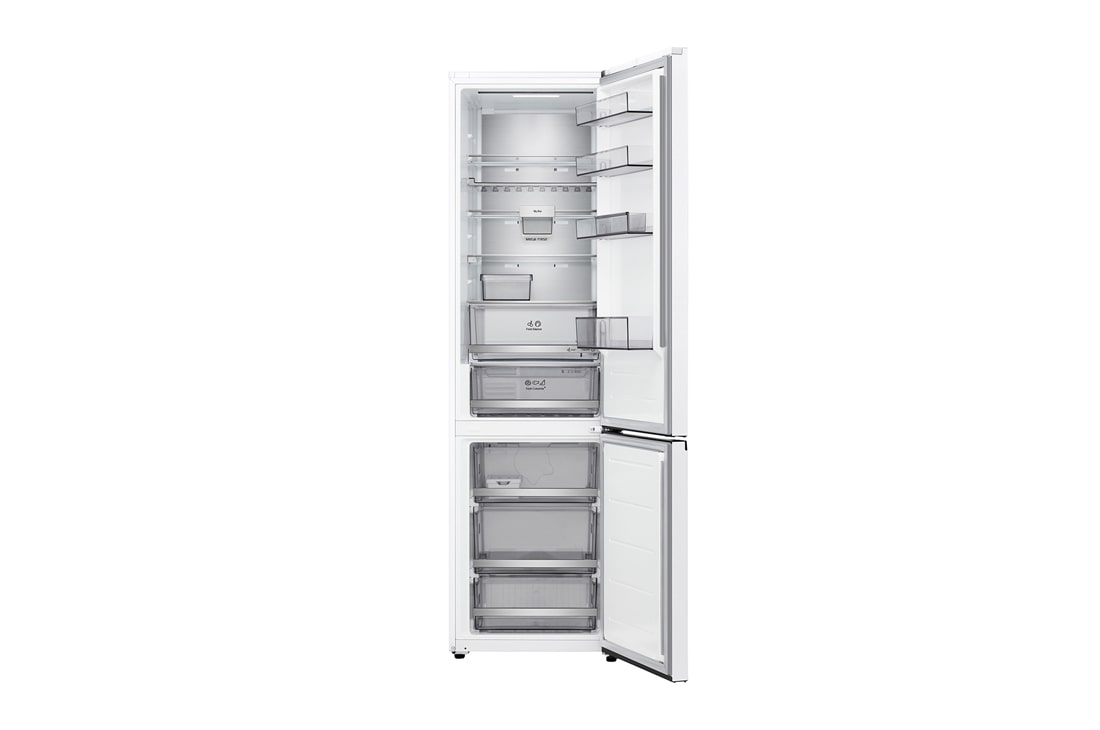 LG Хладилник c долна камера, DoorCooling+™ и ThinQ™ технология, 375L капацитет, Отворена предна врата с изглед към храната, GBBS726CSW, thumbnail 2
