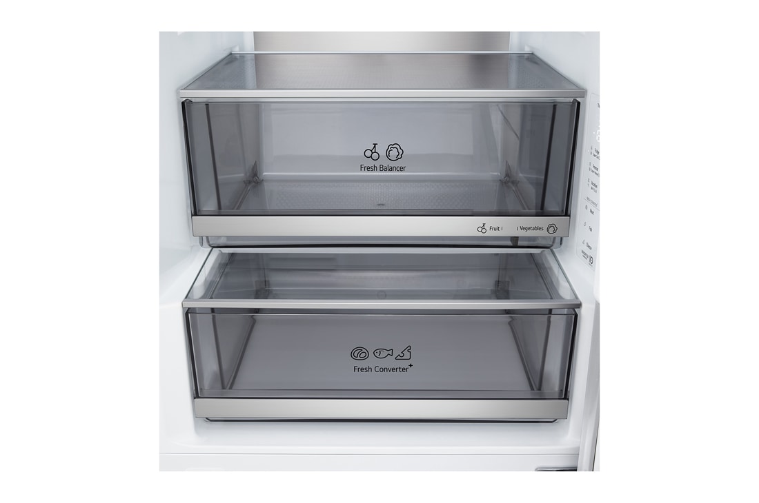 LG Хладилник c долна камера, DoorCooling+™ и ThinQ™ технология, 375L капацитет, Отворена лява врата с изглед към храната, GBBS726CSW, thumbnail 11