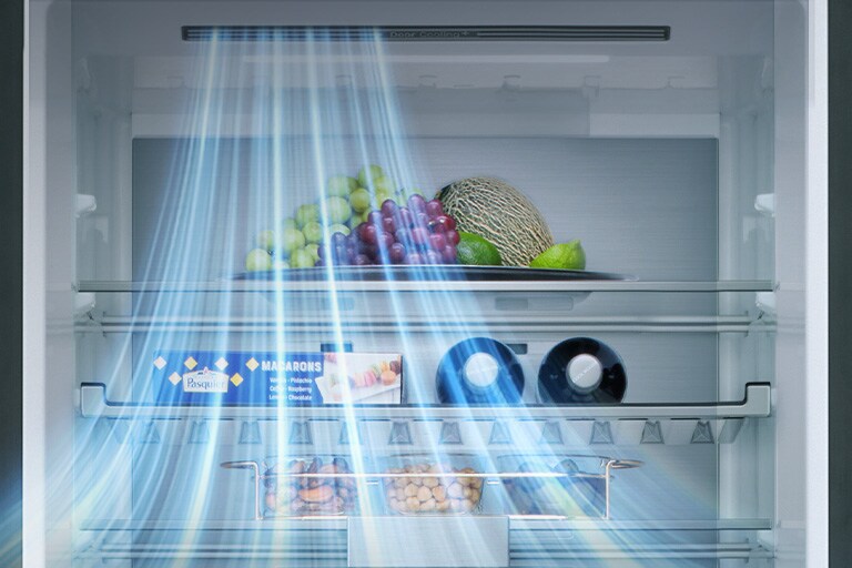 Вътрешен изглед на LG хладилника с долна камера с рафтове за плодове, зеленчуци, напитки и хапки със сини линии за въздушен поток от лявата страна