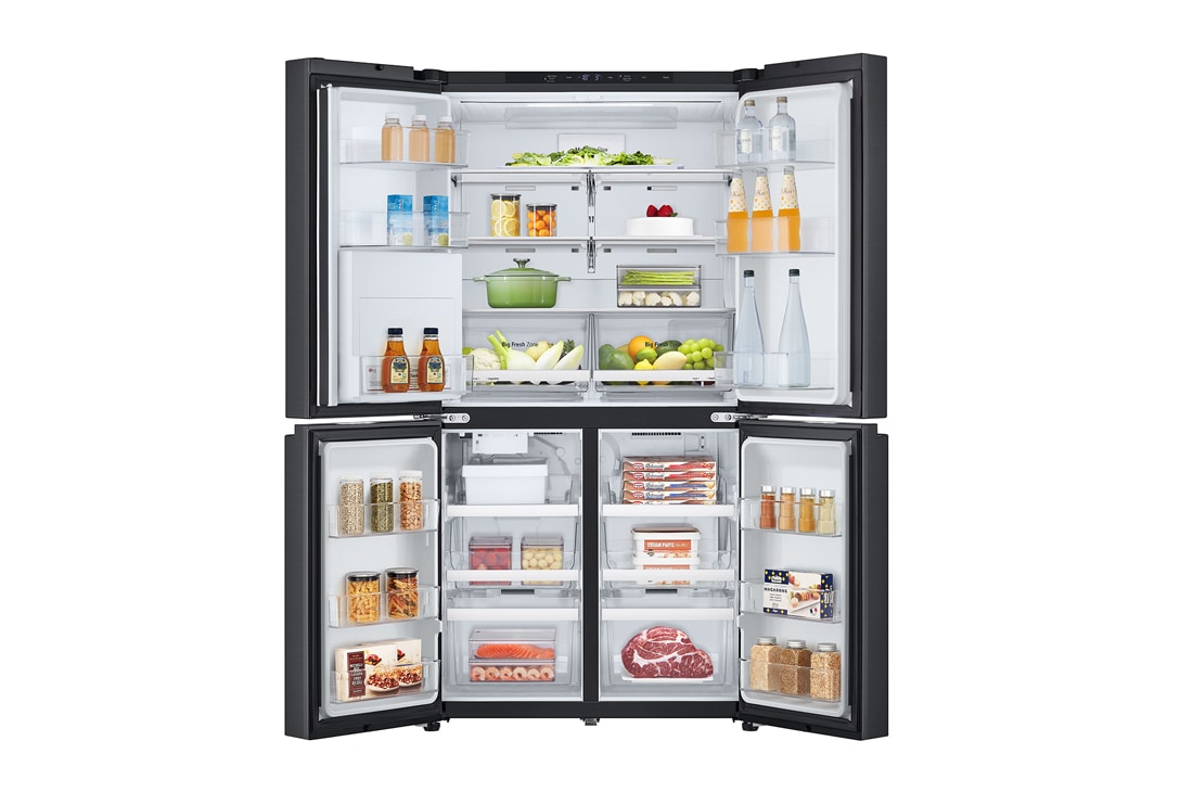 LG Multi-Door хладилник, DoorCooling+™ и ThinQ™ технология, 645L капацитет, Отворена предна врата с изглед към храната, GMF960EV2E, thumbnail 2