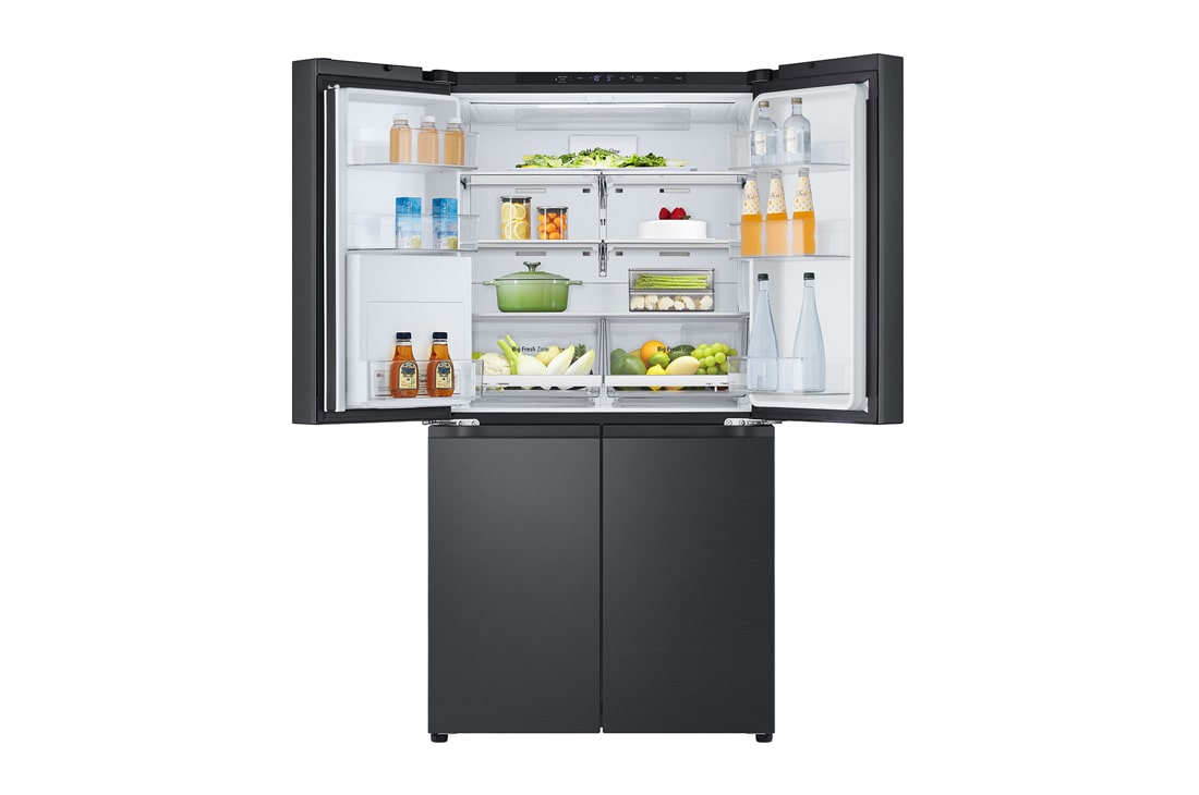LG Multi-Door хладилник, DoorCooling+™ и ThinQ™ технология, 645L капацитет, Предна горна врата, отворена с изглед към храната, GMF960EV2E, thumbnail 4