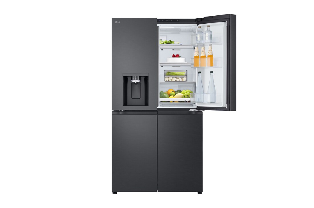 LG Multi-Door хладилник, DoorCooling+™ и ThinQ™ технология, 645L капацитет, Отворена лява врата с изглед към храната, GMF960EV2E, thumbnail 11