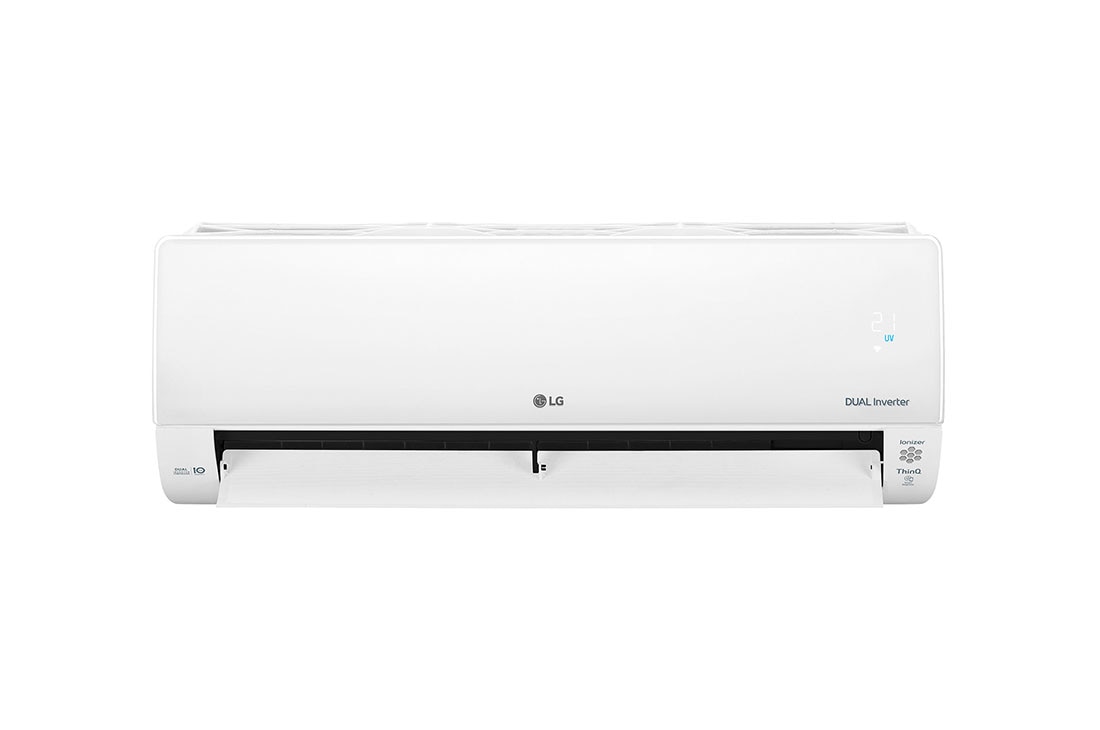 LG Dualcool Inverter, Висока ефективност при отопление A++, стилен дизайн и пречистване с UV Nano технология, Охлаждане 2500 W, Отопление 3500 W , Изглед отпред в отворено състояние 2, DC09RK, thumbnail 3