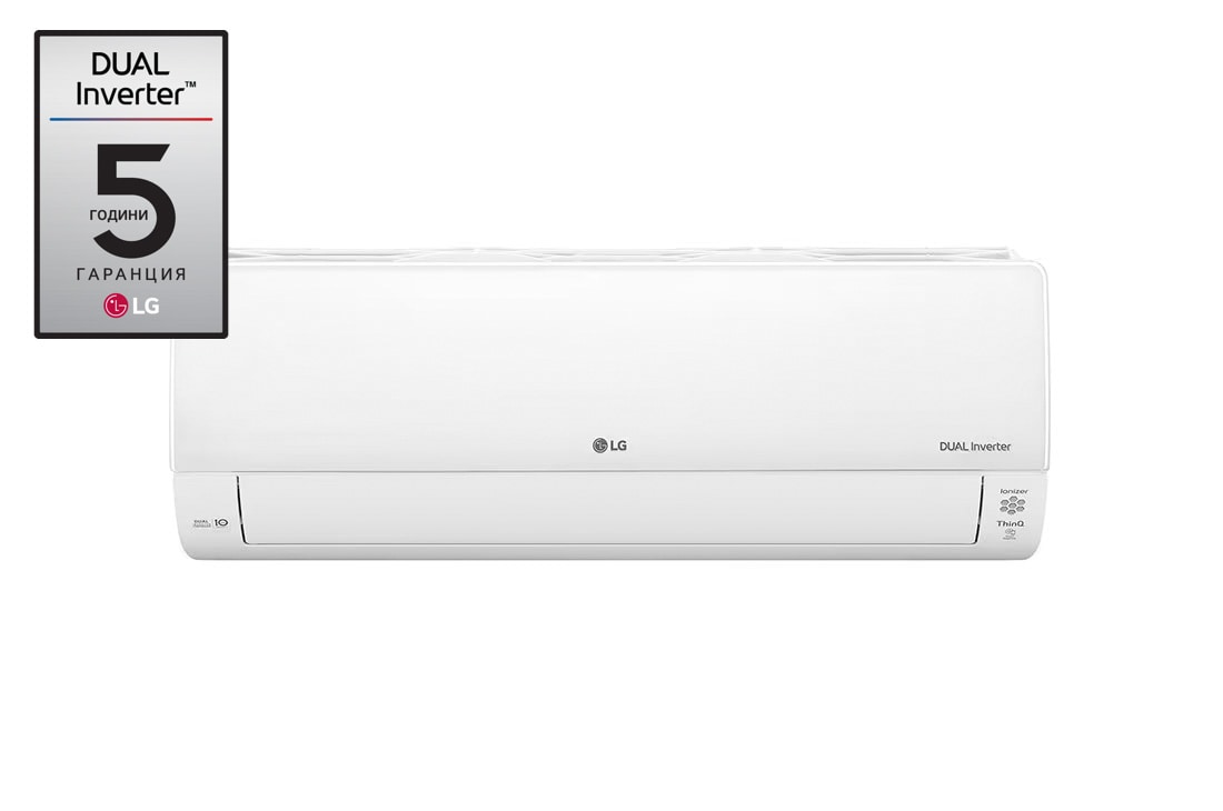 LG Dualcool Inverter, стилен дизайн и пречистване с UV Nano технология, Охлаждане 5000 W, Отопление 5800 W , Изглед отпред, DC18RK