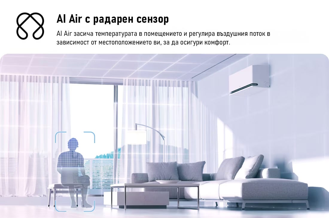 LG 2,5 kW DUALCOOL AI Air PREMIUM спит климатик, Илюстрация на технологията LG AI Air в дневна с монтиран на стената климатик. Системата регулира въздушния поток чрез отчитане на температурата в помещението и местоположението на потребителя. Придруж, H09S1PA, thumbnail 3