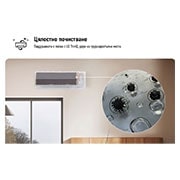 LG 3,5 kW DUALCOOL AI Air DELUXE спит климатик, Подчертаване на процеса на вътрешно почистване, в близък план - отстраняване на замърсявания и микроби. Текст гласи: „Цялостно почистване. Поддръжката е лесна с LG ThinQ и за труднодостъпни места.“, H12S1DA, thumbnail 6