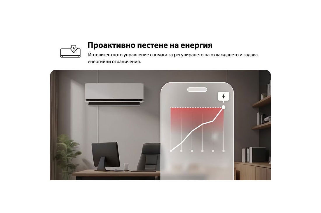 LG 3,5 kW DUALCOOL AI Air PREMIUM спит климатик, Климатик LG air conditioner с функция Proactive Energy Control. Смартфонът показва енергийна графика с червен сигнал, управление на охлаждането и ограничения. Текст: „Proactive energy control. Smart c, H12S1PA, thumbnail 5