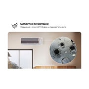 LG 3,5 kW DUALCOOL AI Air PREMIUM спит климатик, Изображение, представящо функцията All Cleaning на климатика LG. Визуализацията подчертава процеса на вътрешно почистване, като в близък план се вижда как се отстраняват замърсяванията и микробите. Те, H12S1PA, thumbnail 6