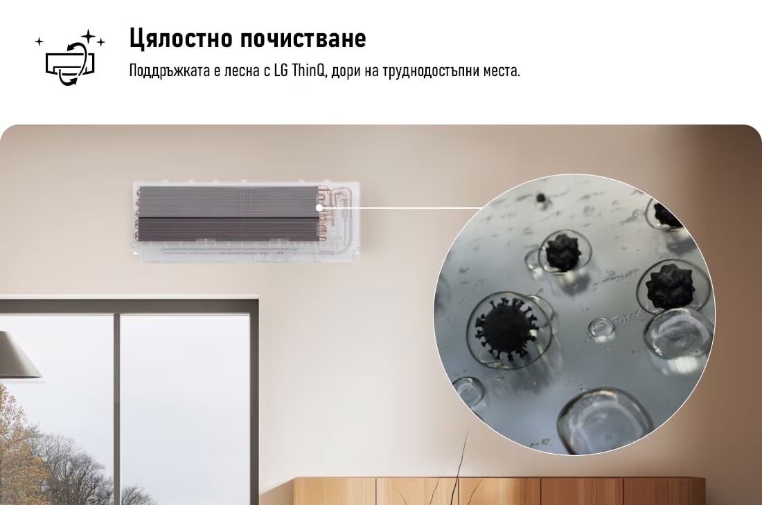 LG 6,6 kW DUALCOOL AI Air DELUXE сплит климатик, Подчертаване на процеса на вътрешно почистване, в близък план - отстраняване на замърсявания и микроби. Текст гласи: „Цялостно почистване. Поддръжката е лесна с LG ThinQ и за труднодостъпни места.“, H24S1DA, thumbnail 6