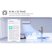 LG 9K BTU, 3,5 kW DUALCOOL AI Air SPECIAL спит климатик, Илюстрация на LG AI Air в дневна с климатик. Придружаващият текст гласи: AI Air с LG ThinQ: AI Air отчита температурата и регулира въздушния поток в зависимост от мястото ви и осигурява комфорт., P12SND, thumbnail 3