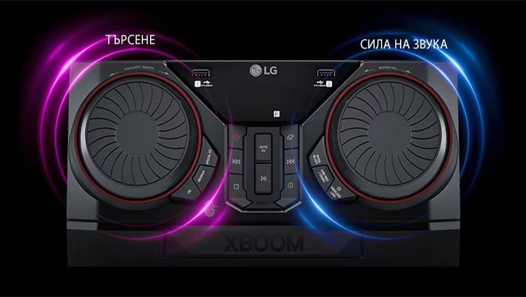 Изглед отгоре на CK43N. Около двата въртящи се контролери има розови и сини неонови графики. С лявото колело можете да търсите музика, а с дясното - да регулирате силата на звука.