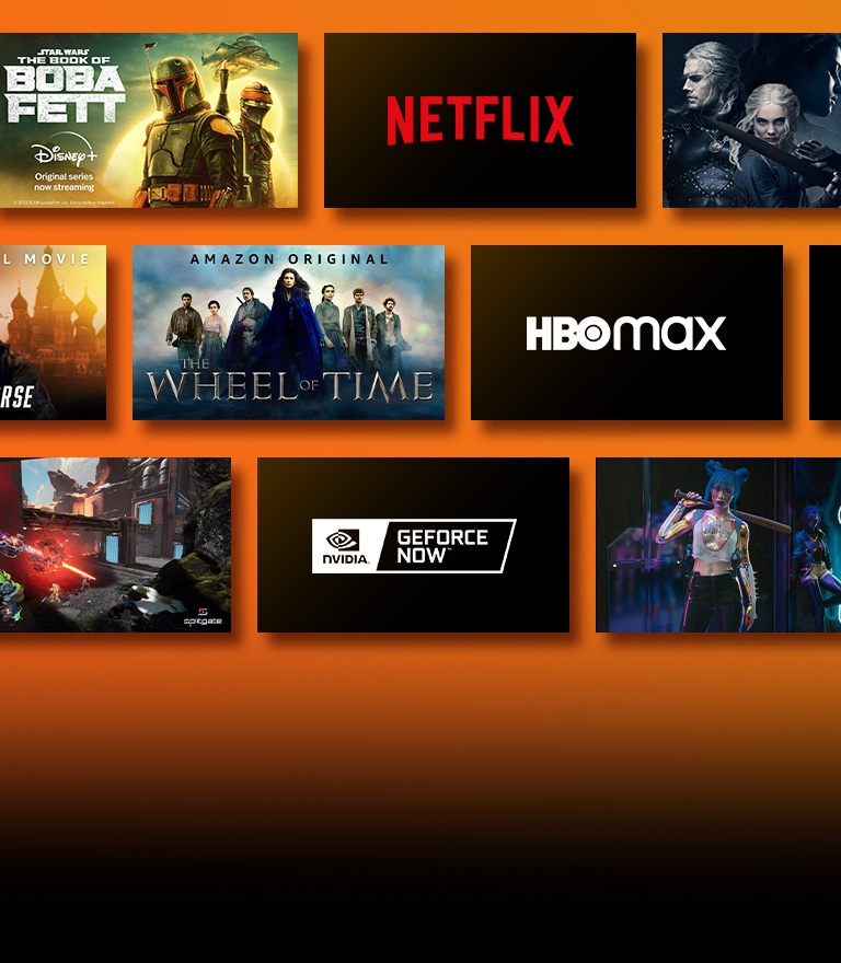 Има лога на платформи за стрийминг услуги и съвпадащи кадри точно до всяко лого. Лого на Netflix и Money Heist (Хартиената къща) и The Witcher (Вещерът). Лого на Disney и Boba Fett (Боба Фет). Лого на Prime Video и изображения на Without Remorse (Безпощадно) и The Wheel of Time (Колелото на времето). Лого на LIVENow и тийзър изображение mamamoo и тийзър изображение на OneUs. Лого на NVIDIA Geforce Now и геймплей изображения на Cyberpunk 2077 и Splitgate. Лого на HBO Max и The Wire (Наркомрежа) и Euphoria (Еуфория). 