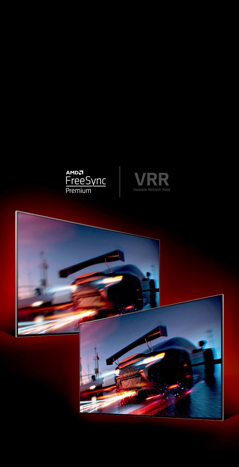 Има два телевизора, обърнати един срещу друг. Отляво телевизорът показва бързо движеща се състезателна кола, която изглежда доста замъглена, докато в дясната част на телевизора е показана бързо движеща се, но много ясно видима състезателна кола.