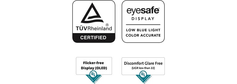 Логото на TUV Rheinland Eyesafe Display (Безопасен за очите дисплей), логото на Flicker-free Display (Дисплей без трептене), логото на Discomfort GlareFree (Липса на отблясъци, създаващи дискомфорт)