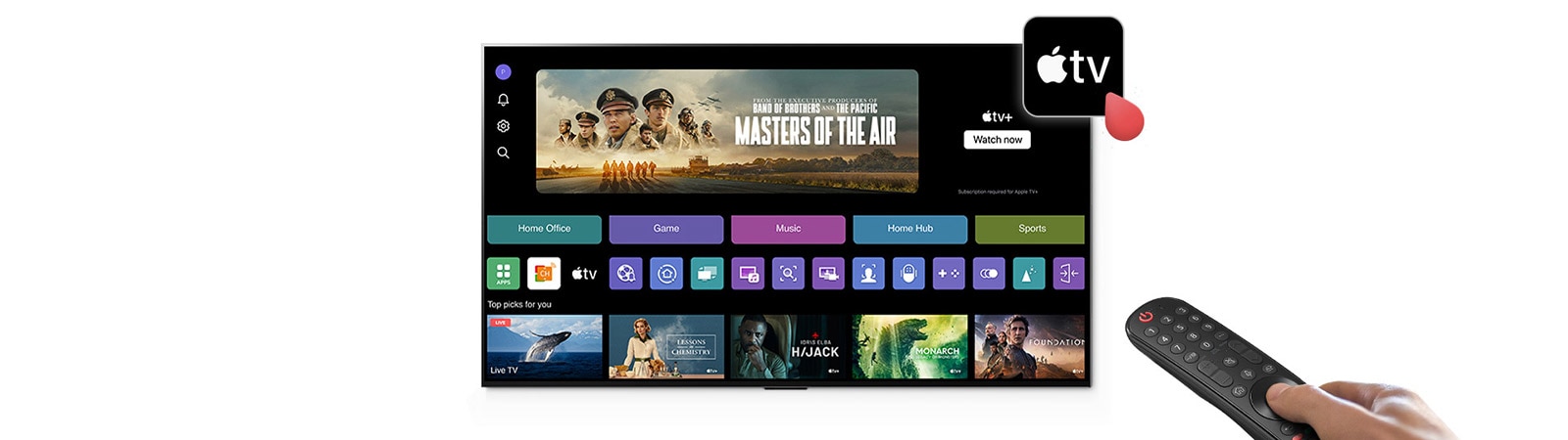 Снимка на уеб ОС на LG Smart TV. В страницата на уеб ОС има икона на приложение Apple TV+.