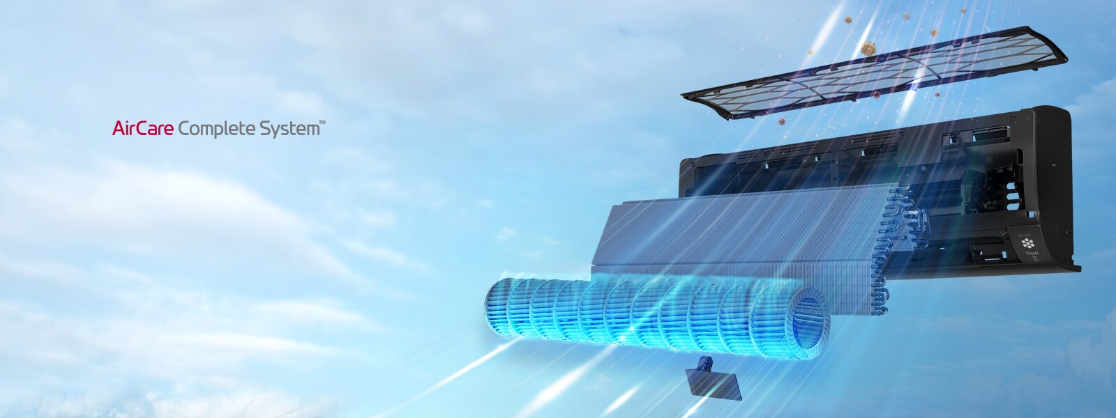 Елементите на филтриращата система са показани отделно, за да се демонстрира начина на работа. Фонът е небе, въздухът с праховите частици влизат в системата отгоре надолу, след което на изхода излиза само чист въздух. Надпис „AirCare Complete System“ в горния ляв ъгъл.