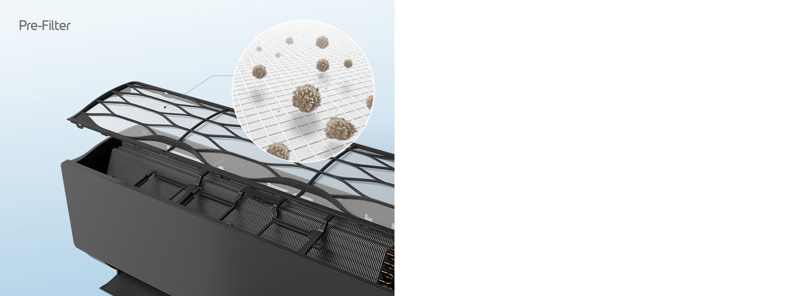 На изображението е показан пречиствателят на въздуха, а отгоре е показан предфилтърът. Има увеличен кръг, показващ къде се улавят праховите частици в предфилтъра. Надпис „Предфилтър“ в горния ляв ъгъл.