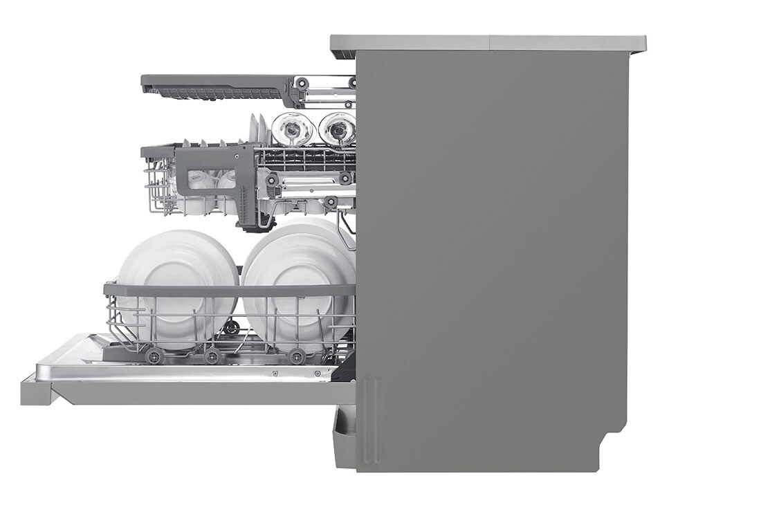 LG QuadWash™ Съдомиялна с пара TrueSteam™ технология, Авт. отваряне на вратата, 14 комплекта съдове, ThinQ™ WiFi, страничен изглед с чинии, DF455HPS, thumbnail 10