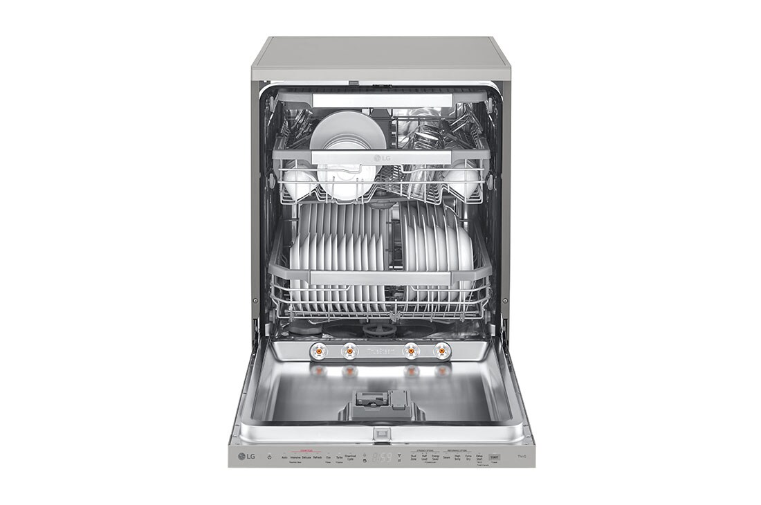 LG QuadWash™ Съдомиялна с пара TrueSteam™ технология, Авт. отваряне на вратата, 14 комплекта съдове, ThinQ™ WiFi, Изглед отпред с чинии, DF455HPS, thumbnail 3
