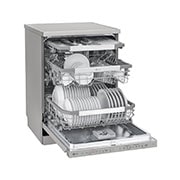 LG QuadWash™ Съдомиялна с пара TrueSteam™ технология, Авт. отваряне на вратата, 14 комплекта съдове, ThinQ™ WiFi, изглед отляво с отворени чинии, DF455HPS, thumbnail 5