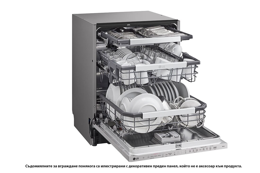 LG QuadWash™ Съдомиялна за вграждане с пара TrueSteam™ технология, Авт. отваряне на вратата, 14 комплекта съдове, ThinQ™ WiFi, Изглед от дясна страна с отворена врата, DB475TXS, thumbnail 9