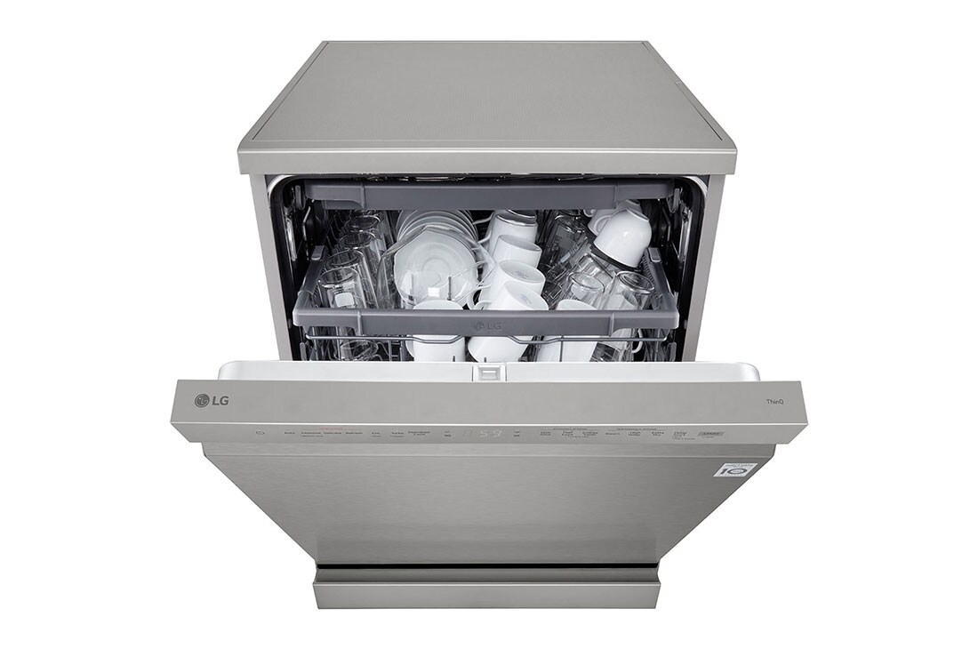 LG QuadWash™ Съдомиялна с пара TrueSteam™ технология, 14 комплекта съдове, ThinQ™ WiFi, Предна горна врата, отворена с изглед към храната, DF243FVS, thumbnail 4