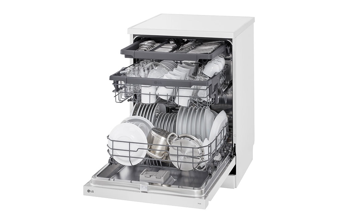 LG QuadWash™ Съдомиялна с пара TrueSteam™ технология, 14 комплекта съдове, ThinQ™ WiFi, right side wide open with utensils stored, DF243FWS, thumbnail 12
