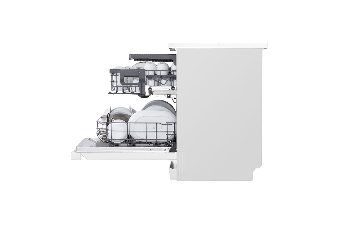 LG QuadWash™ Съдомиялна с пара TrueSteam™ технология, 14 комплекта съдове, ThinQ™ WiFi, side view with utensils stored, DF243FWS, thumbnail 5