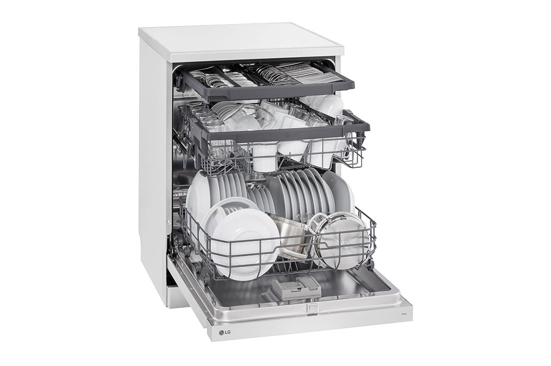 LG QuadWash™ Съдомиялна с пара TrueSteam™ технология, 14 комплекта съдове, ThinQ™ WiFi, left side wide open with utensils stored, DF243FWS, thumbnail 9