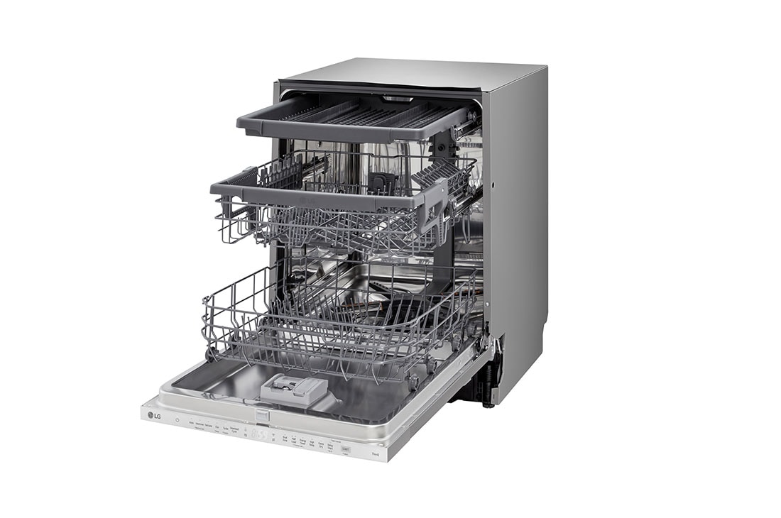 LG QuadWash™ Съдомиялна за вграждане, 14 комплекта съдове, ThinQ™ WiFi, Left side open with vessels, DB243TX, thumbnail 8