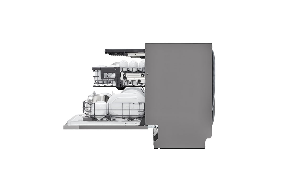 LG QuadWash™ Съдомиялна за вграждане, 14 комплекта съдове, ThinQ™ WiFi, Left side open with vessels, DB243TX, thumbnail 11