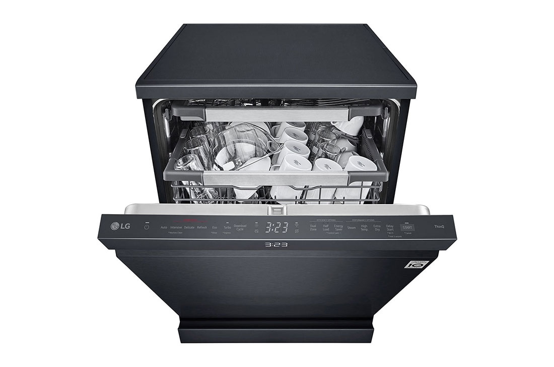 LG QuadWash™ Съдомиялна с пара TrueSteam™ технология, Авт. отваряне на вратата, 14 комплекта съдове, ThinQ™ WiFi, Предна горна врата, отворена с изглед към храната, DF587HMS, thumbnail 4