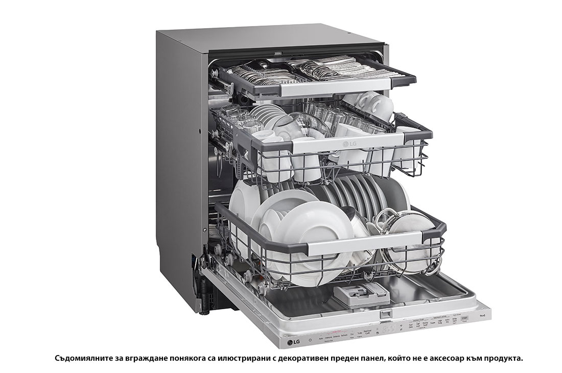 LG QuadWash™ Съдомиялна за вграждане с пара TrueSteam™ технология, Авт. отваряне на вратата, 14 комплекта съдове, ThinQ™ WiFi, Изглед от дясна страна с отворена врата, DB476TXS, thumbnail 9